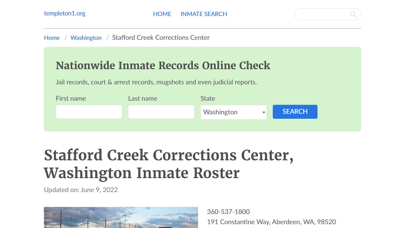 Stafford Creek Corrections Center, Washington Inmate Booking - Templeton